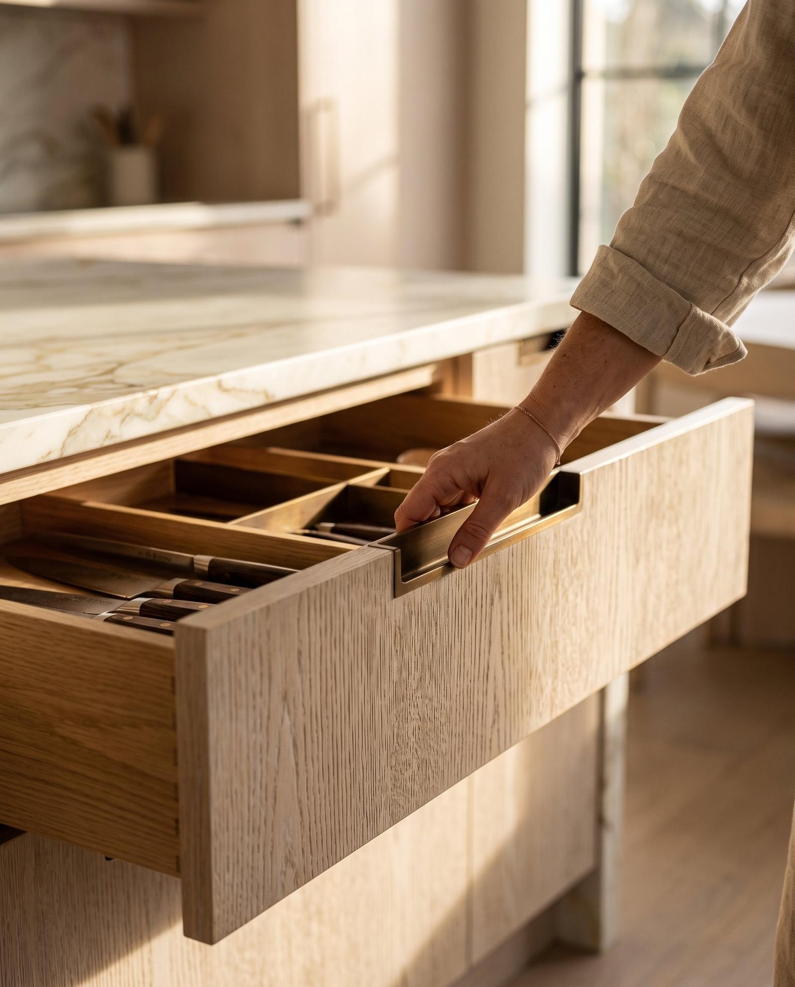 A hand opening an oak cutlery drawer with a brass pull under a marble worktop, with divided compartments and knives