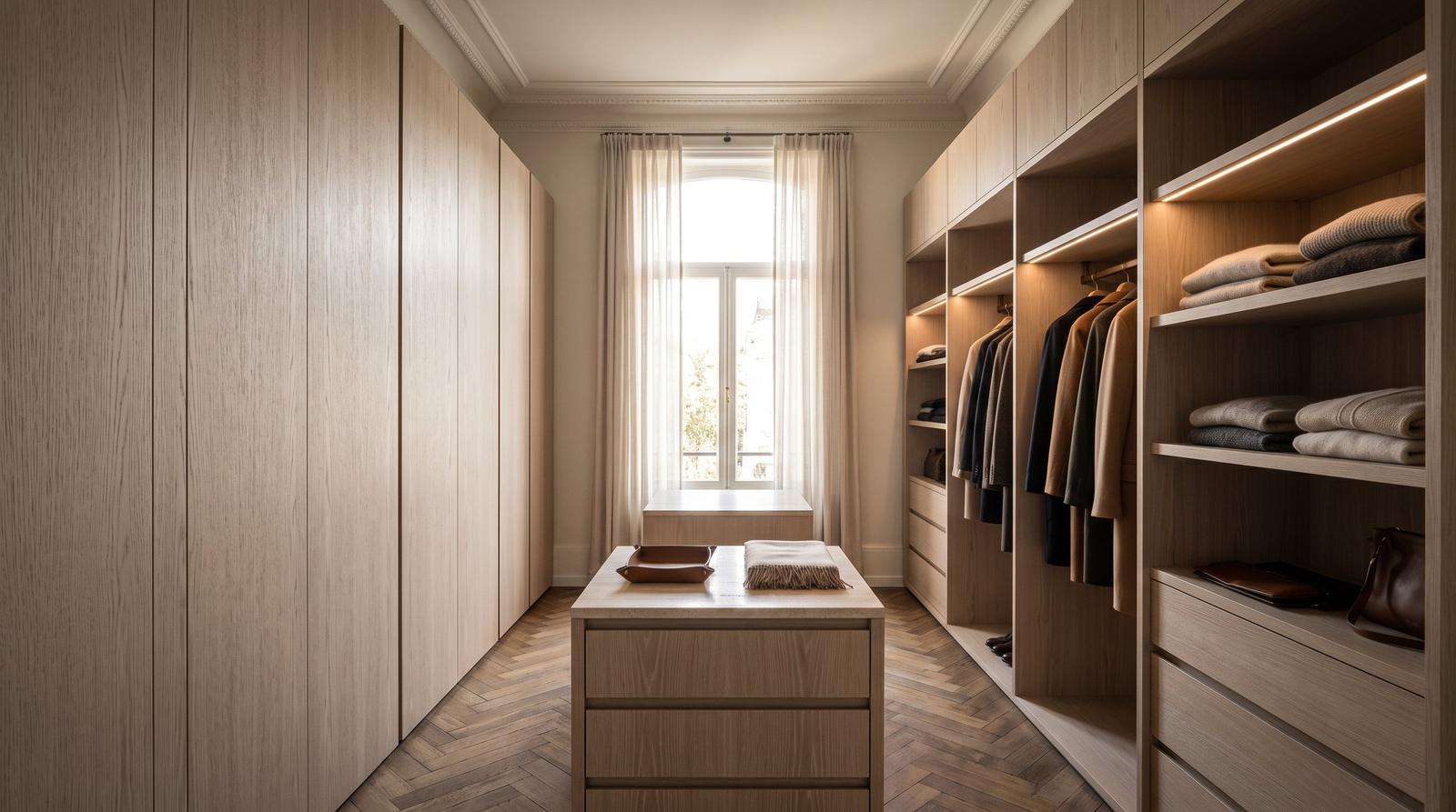 Conception d'un dressing en chêne clair dans une maison de maître, avec des armoires fermées à gauche, des tablettes ouvertes à droite et un îlot au milieu