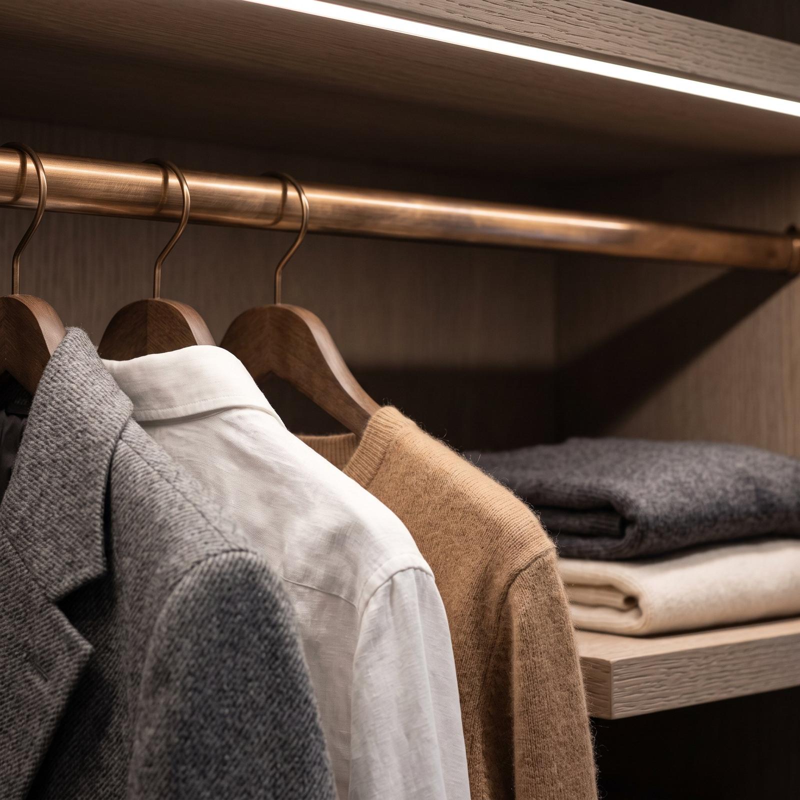 Conception d'un détail de dressing : vêtements sur une tringle en laiton sous une tablette éclairée, pulls pliés à côté