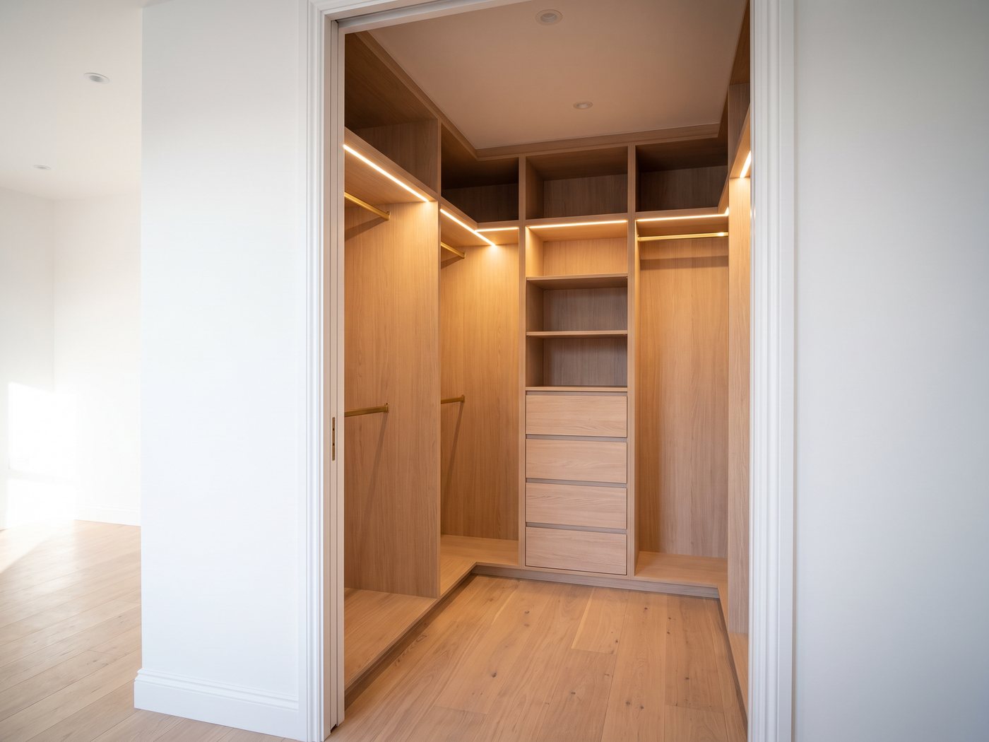 Ontwerp van een inloopdressing in bleek eiken met legplanken, lades en verlichte roedes