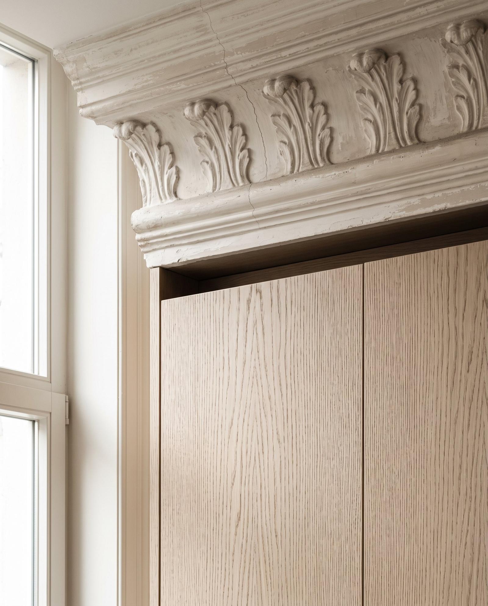Design of a cabinet in light oak, built in up to a preserved plaster cornice with an acanthus leaf