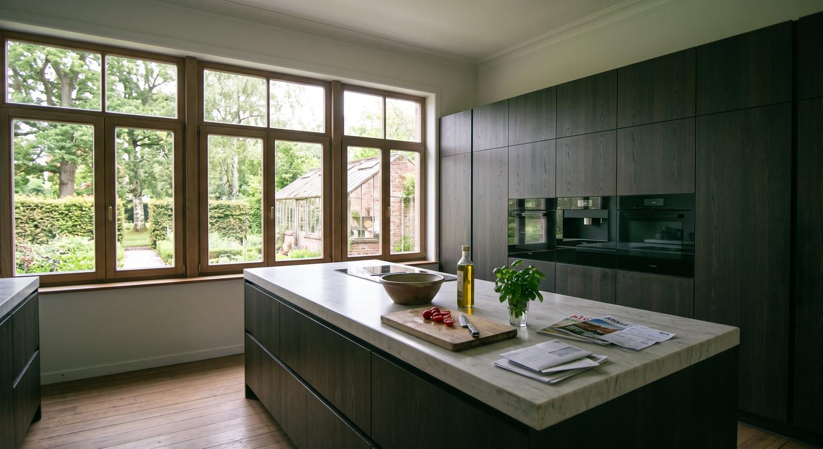 Kitchen in dark oak with a marble island, looking out over a walled garden through tall steel windows