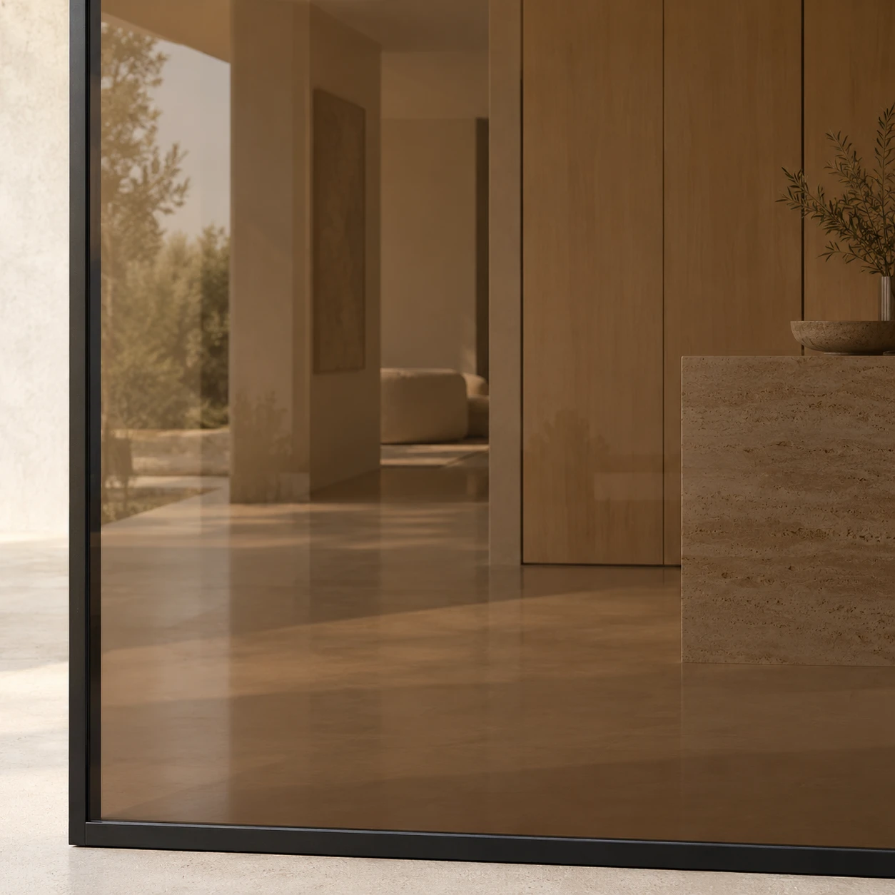 Conception d'une porte en acier avec verre fumé bronze, avec vue sur un hall en chêne clair