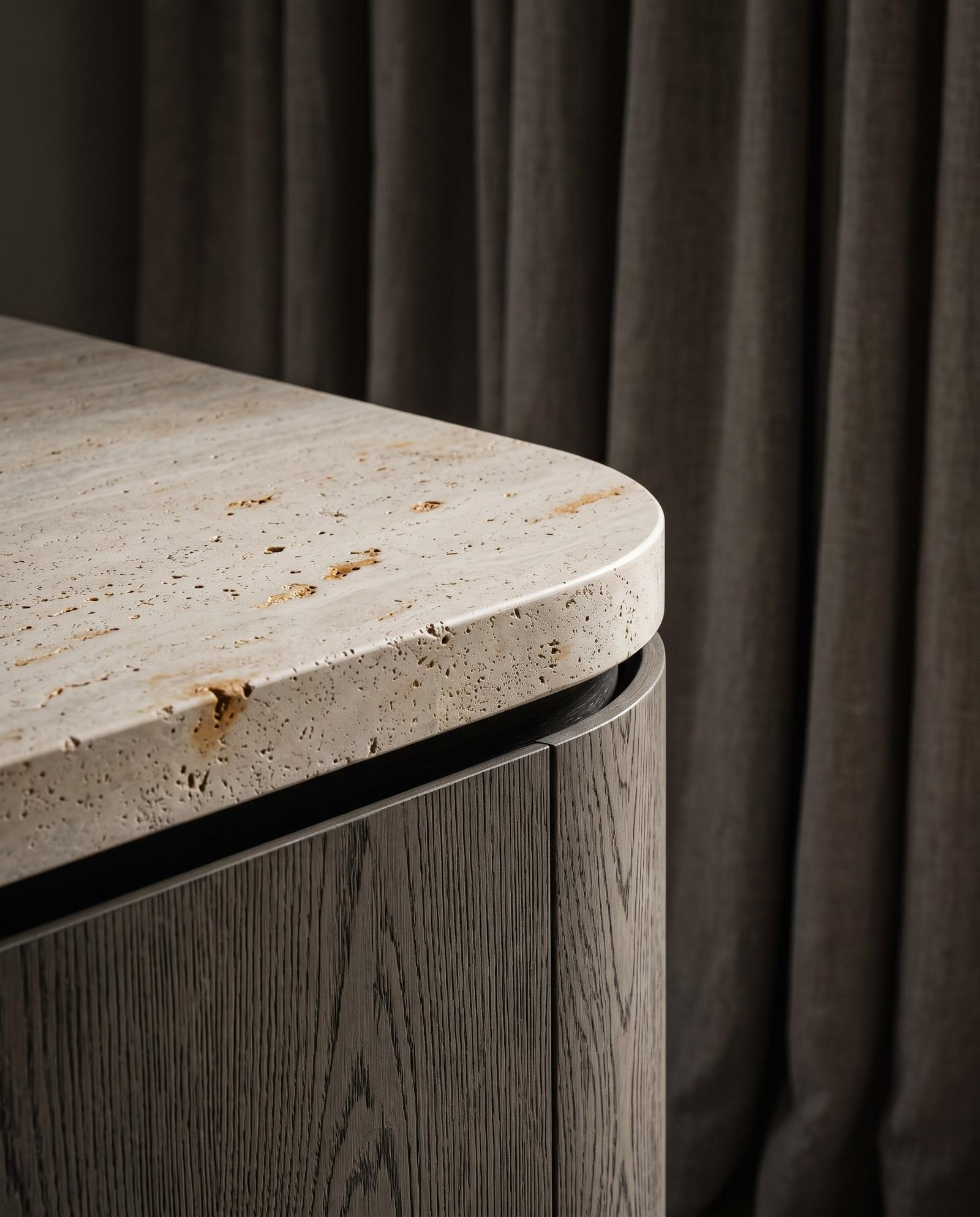 Detail of a thick travertine worktop with open pores and ochre veins, on a cabinet in grey brushed oak